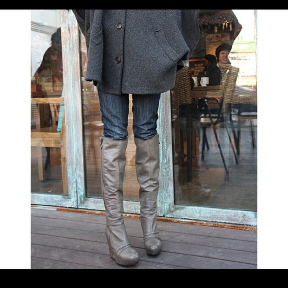 Ash Ursula Gray Knee High Ruched Wedge Boots